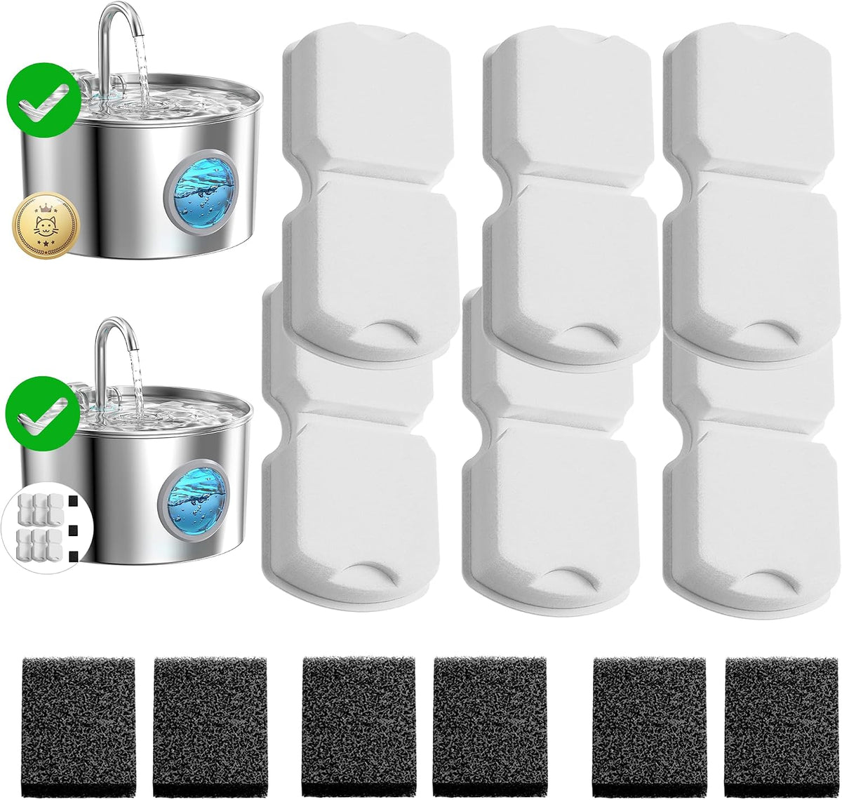 Cat Water Fountain Filter Replacement: 16 Cat Fountain Filter - 8 Filters & 8 Sponges - 16 Pet Fountains Filters Suitable for ATMZIQXR  KOOGMOON UMOCUOY IHOUONE HOOISE