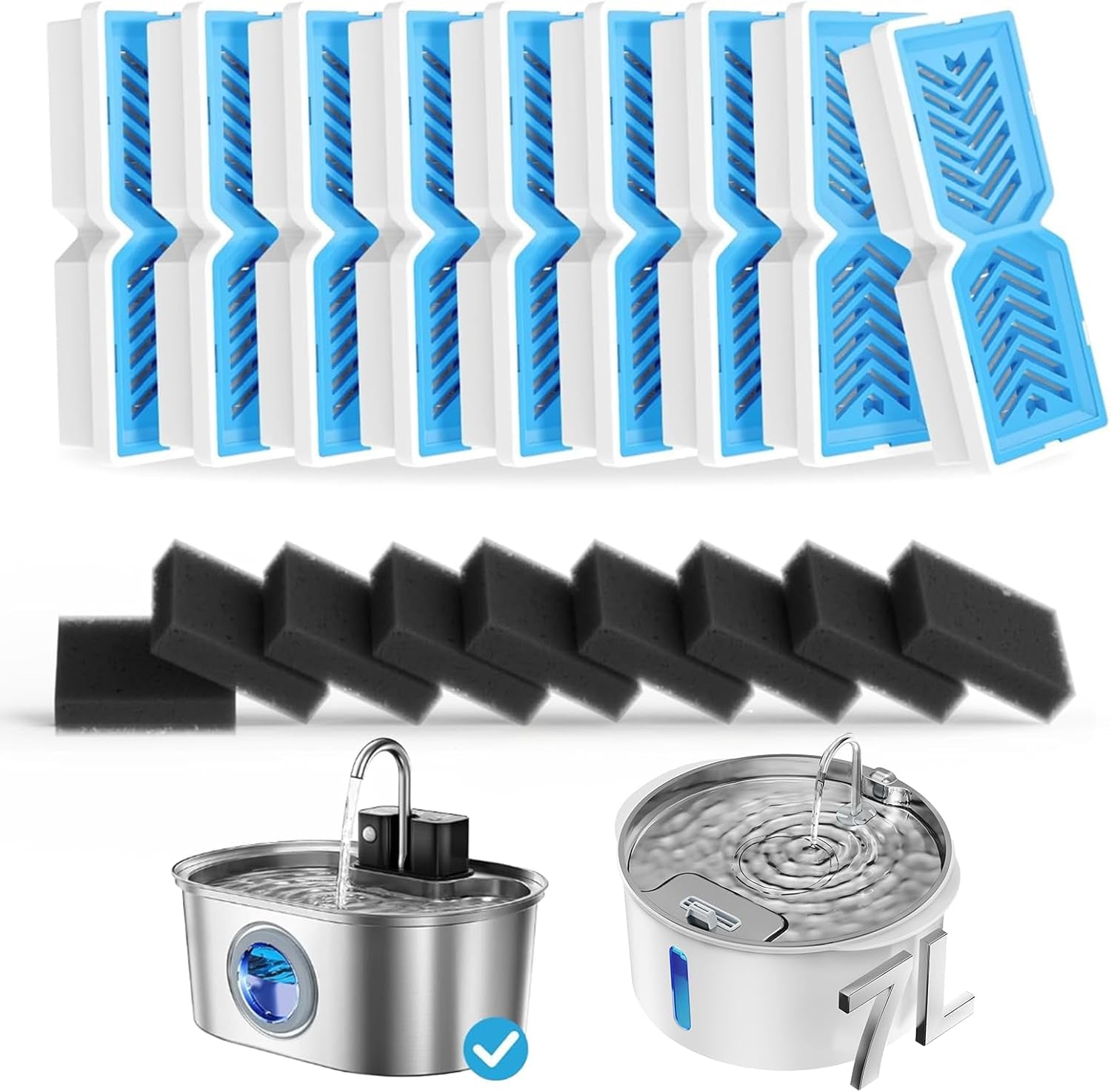 Replacement Water Fountain Filters, Fits 412/418, 3.2L & 7L, 9 Pack | Includes Pre-Filter Sponges, Helps Trap Hair and Debris, Supports Cleaner Water Flow and Routine Fountain Maintenance