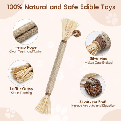 5 Pack Silvervine Sticks Cat Toys, Natural Chew Kitten Teething Toys for Cleaning, Matatabi Catnip Treat Toys, Catmint Silver Vine Sticks for Bored Indoor Kitty