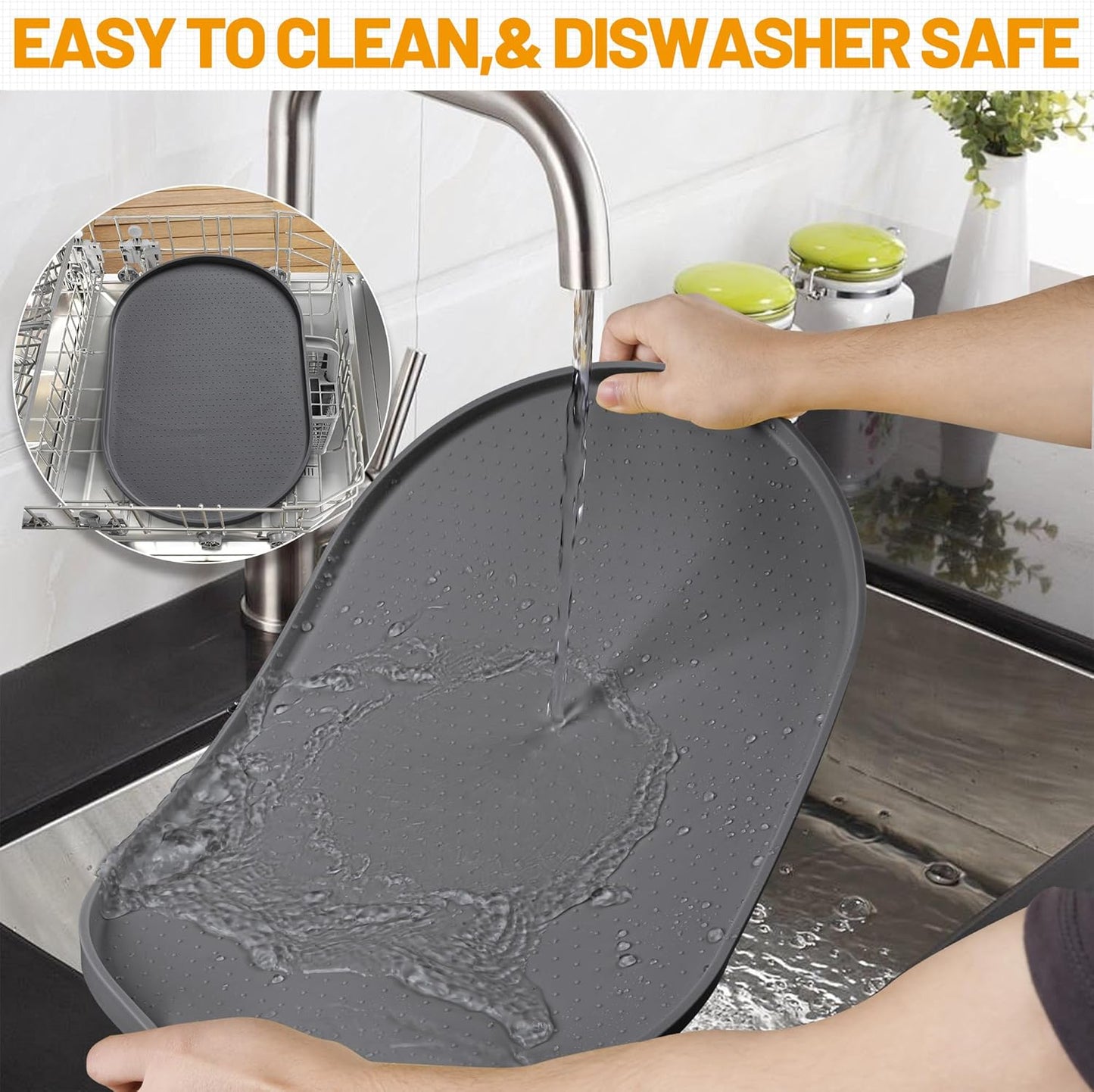 100% Waterproof Silicone Pet Feeding Mat with Raised Edge for Food and Water, Dog Bowl Mats, Cat Bowls Placemat with High Lip Protects Floor for Cats and Dogs (Gray, 16" L X 10" W)