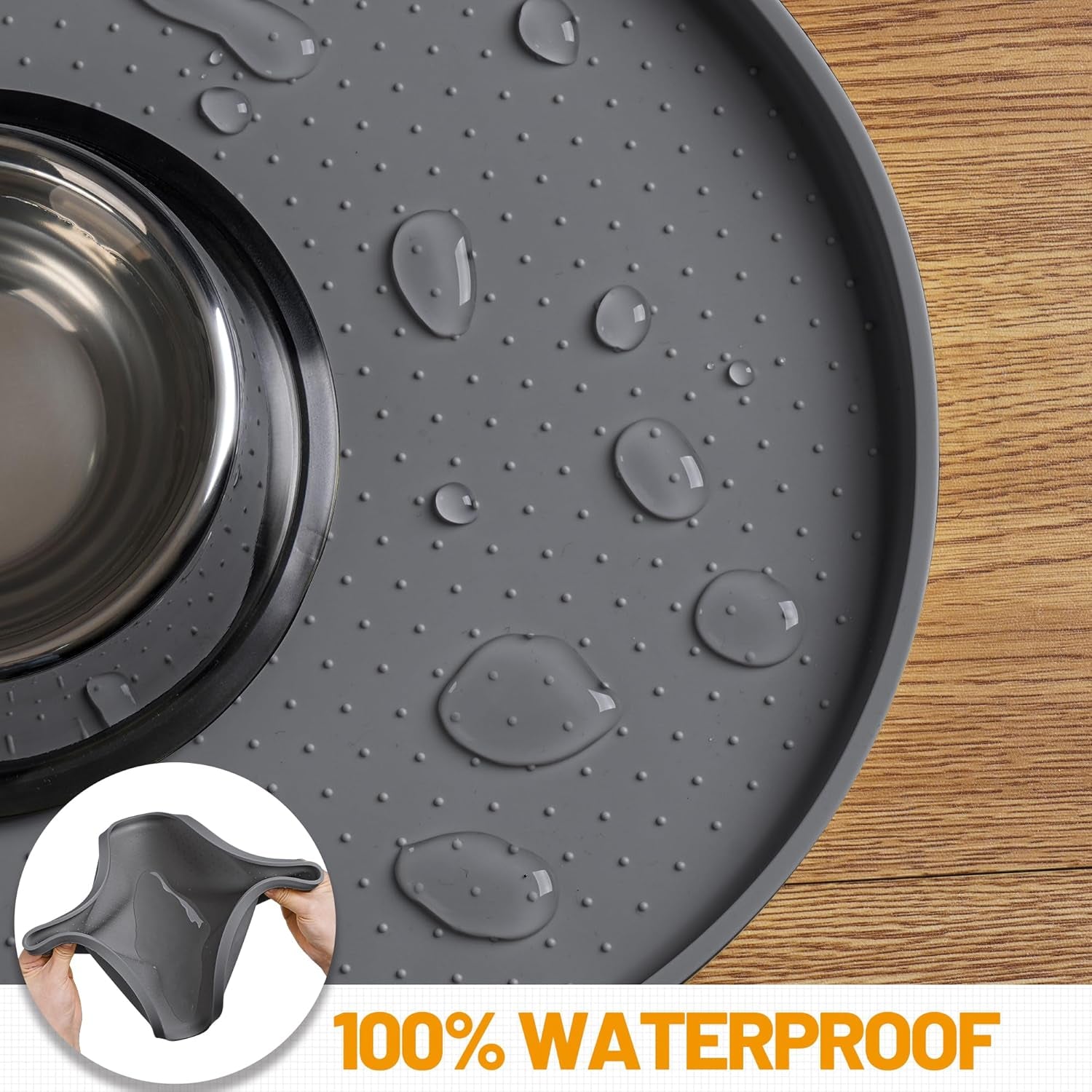 100% Waterproof Silicone Pet Feeding Mat with Raised Edge for Food and Water, Dog Bowl Mats, Cat Bowls Placemat with High Lip Protects Floor for Cats and Dogs (Gray, 16" L X 10" W)
