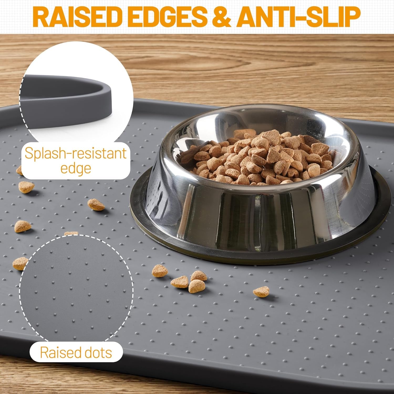 100% Waterproof Silicone Pet Feeding Mat with Raised Edge for Food and Water, Dog Bowl Mats, Cat Bowls Placemat with High Lip Protects Floor for Cats and Dogs (Gray, 16" L X 10" W)